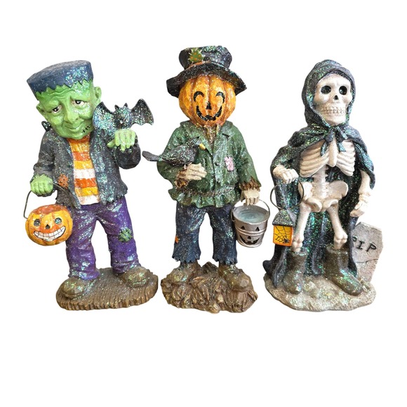 Target Halloween Figurine Set Frankenstein Pumpkin Grim Reaper Glitter Decor - Picture 1 of 9